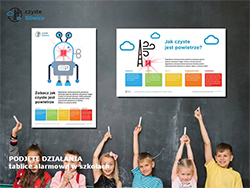 Dzieci pokazują powieszone powyżej czujniki jakości powietrza - plakat
