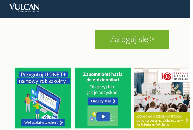 Strona logowania do systemu vulcan, zielony prostokąt i niebieski prostokąt