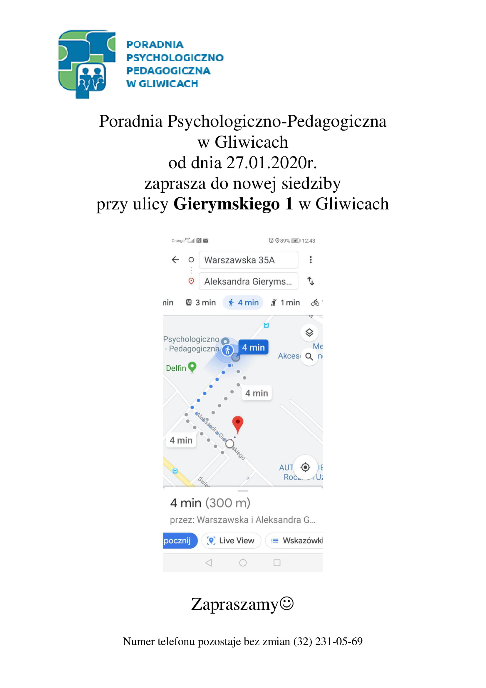 Plakat informacyjny o zmianie miejsca pracy poradni PPP