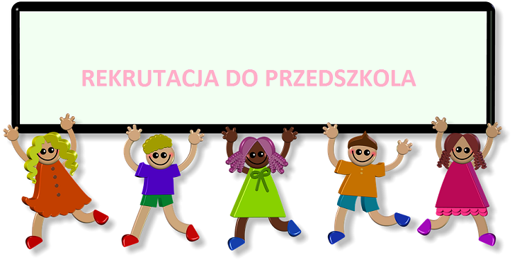 postacie rysunkowe podtrzymują baner z napisem rekrutacja do przedszkola