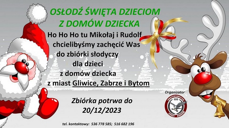 Plakat z Mikołajem i reniferem informujący o zbiórce słodyczy
