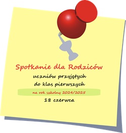 karteczka z ogłoszeniem o sporkaniu dla rodziców uczniów przyjętych do klas pierwszych