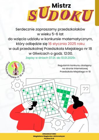 plakat przedstawia informacje dotyczące organizowanego w placówce konkursu sudoku dla dzieci w wieku 5 i 6 lat