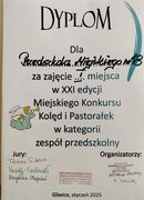 Zdjęcie niniejsze przedstawia dyplom za udział w konkursie ogólnomiejskim i zajęcie I miejsca 