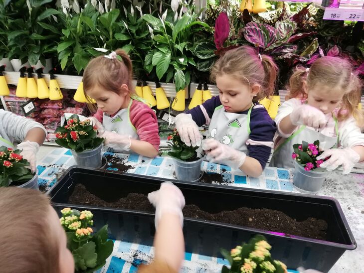 Dziewczynki Śnieżynki sądzące kwiaty