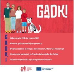 Po lewej stronie stoi czteroosobowa rodzina: dorosły mężczyzna, dorosła kobieta, starsza dziewczynka/nastolatka oraz młodszy chłopiec. Wszyscy są narysowani w prostym, kolorowym stylu. Obok rodziny siedzi pies w czerwonej bandanie. Po prawej stronie, na czerwonym tle, znajduje się duży biały napis „GADKI”. Dolna część grafiki zawiera rozwinięcie hasła GADKI – czyli zasad bezpieczeństwa dla dzieci: G – Gdy mówisz NIE, to znaczy NIE A – Alarmuj, gdy potrzebujesz pomocy D – Dobrze zrobisz, mówiąc o tajemnicach, które Cię niepokoją K – Koniecznie pamiętaj, że Twoje ciało należy do Ciebie I – Intymne części ciała są szczególnie chronione Na dole znajdują się logotypy: – Fundacji Dajemy Dzieciom Siłę – Informacja o dofinansowaniu przez Unię Europejską.