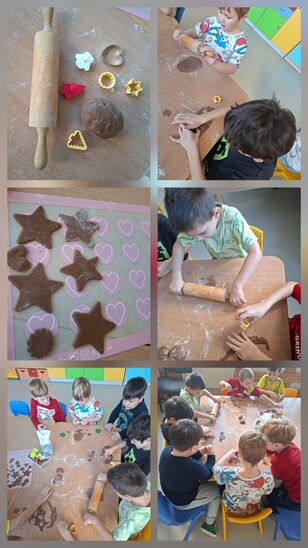 kolaż zdjęć dzieci z grupy misie wykonujących własnoręczne pierniczki świąteczne
