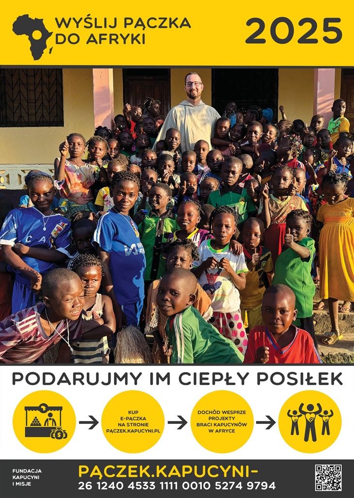 Plakat przedstawia grupę dzieci z Afryki stojących obok osoby duchownej (kapucyna) na tle budynku. Hasło akcji brzmi: „Podarujmy im ciepły posiłek”. Na dole plakatu znajduje się informacja o tym, jak można pomóc – kupując „e-pączka” na stronie internetowej paczek.kapucyni.pl. Dochód z akcji wspiera projekty Braci Kapucynów w Afryce.  Podano również dane do wpłaty, w tym numer konta bankowego. Widać również kod QR prowadzący prawdopodobnie do strony akcji. Całość utrzymana jest w kolorach żółtym, białym i czarnym, co przyciąga wzrok i podkreśla treść.