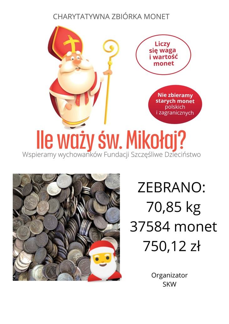 Na grafice przedstawiono plakat informujący o charytatywnej zbiórce monet „Ile waży św. Mikołaj?”.  W górnej części plakatu znajduje się rysunkowa postać świętego Mikołaja w stroju biskupa, trzymającego pastorał. Obok umieszczono informacje w czerwonych okręgach:  „Liczy się waga i wartość monet”  „Nie zbieramy starych monet polskich i zagranicznych”.  Centralnie widoczny jest tytuł akcji: „Ile waży św. Mikołaj?”, a poniżej dopisek: „Wspieramy wychowanków Fundacji Szczęśliwe Dzieciństwo”.  W dolnej części plakatu znajduje się zdjęcie dużej ilości monet oraz niewielka grafika świętego Mikołaja. Po prawej stronie podano wyniki zbiórki z nagłówkiem „ZEBRANO:”:  70,85 kg  37 584 monet  750,12 zł  Na samym dole widnieje informacja o organizatorze: SKW.