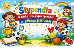 Wesoły, kolorowy baner szkolny informujący o stypendiach za naukę i osiągnięcia sportowe w I półroczu 2025/2026. Na grafice znajdują się uśmiechnięte dzieci z książkami, medalami i piłkami, puchary, zeszyty oraz szkolne symbole (sowa, kredki, nutki). Całość utrzymana w radosnym, przyjaznym stylu dla szkoły podstawowej, bez budynku szkoły w tle.