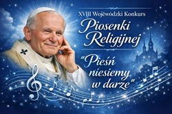 Po lewej stronie umieszczono wyraźne, złote hasło: „XVIII WOJEWÓDZKI KONKURS PIOSENKI RELIGIJNEJ” oraz tytuł konkursu: 🎵 „Pieśń niesiemy w darze” 🎵 Centralnie wyeksponowana jest data 21 kwietnia 2026 r. oraz informacja o organizatorze: Szkoła Podstawowa nr 18 im. Jana Pawła II w Gliwicach (ZSP nr 8). Całość dopełniają motywy nut i świetliste akcenty, które podkreślają muzyczny i podniosły charakter wydarzenia.