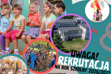 napis na kolorowym tle - rekrutacja na rok szkolny 2026/2027. w tle fotografie uśmiechniętych dzieci