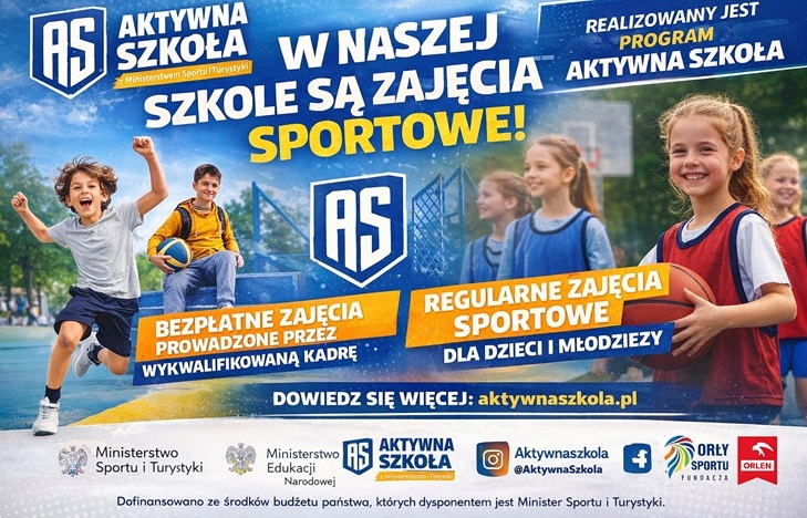 Nowoczesny, poziomy baner na Facebooka informujący, że w naszej szkole odbywają się zajęcia sportowe w ramach programu Aktywna Szkoła. Zawiera dynamiczne zdjęcia uczniów, hasła zachęcające do aktywności, informację o bezpłatnych zajęciach prowadzonych przez wykwalifikowaną kadrę oraz podkreśla regularność zajęć dla dzieci i młodzieży.