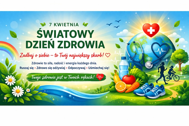 Kolorowy baner promuje Światowy Dzień Zdrowia, przedstawiając motywy zdrowego stylu życia – ruch, zdrowe jedzenie i dbanie o siebie.