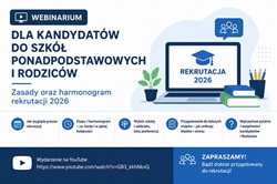 Baner promuje webinarium dotyczące rekrutacji do szkół ponadpodstawowych na rok 2026. Utrzymany jest w nowoczesnej biało-niebieskiej kolorystyce. Po lewej stronie znajduje się duży tytuł wydarzenia oraz informacja o zasadach i harmonogramie rekrutacji. Po prawej widoczna jest ilustracja laptopa z napisem „Rekrutacja 2026”, książkami i ikonami edukacyjnymi. Na dole umieszczono najważniejsze tematy spotkania oraz link do transmisji na YouTube wraz z zaproszeniem do udziału.