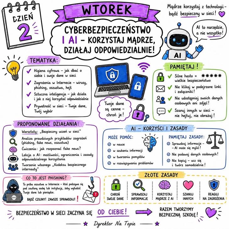 Grafika przedstawia drugi dzień Tygodnia Bezpieczeństwa pod hasłem „Cyberbezpieczeństwo i AI – korzystaj mądrze, działaj odpowiedzialnie!”. Zawiera informacje dotyczące ochrony danych osobowych, bezpiecznego korzystania z Internetu oraz świadomego wykorzystywania sztucznej inteligencji. Przypomina o stosowaniu silnych haseł, ostrożności wobec podejrzanych wiadomości i linków oraz szacunku dla innych użytkowników sieci. Podkreśla, że bezpieczeństwo w Internecie zaczyna się od odpowiedzialnych wyborów każdego użytkownika.