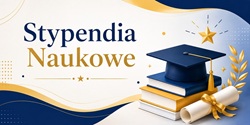 Baner przedstawia elegancką, nowoczesną kompozycję nawiązującą do osiągnięć naukowych i edukacji. Tło utrzymane jest w jasnych odcieniach bieli z delikatnymi, falistymi akcentami w kolorach granatu i złota, co nadaje całości profesjonalny i prestiżowy charakter. Po lewej stronie umieszczono duży, wyraźny napis „Stypendia Naukowe”. Słowo „Stypendia” zostało zaprezentowane w granatowym kolorze, natomiast „Naukowe” wyróżnia się eleganckim złotym odcieniem. Pod tytułem znajduje się subtelny ozdobny element z liniami i złotą gwiazdą, podkreślający reprezentacyjny charakter grafiki. Po prawej stronie znajduje się ilustracja symbolizująca sukces edukacyjny – granatowy biret spoczywający na stosie książek oraz zwinięty dyplom przewiązany złotą wstążką. Kompozycję uzupełniają złota gwiazda, dekoracyjne liście oraz drobne geometryczne elementy, które dodają lekkości i nowoczesności.