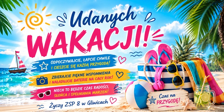 Na plakacie przedstawiono energetyczną, letnią kompozycję utrzymaną w tropikalnym klimacie. Tłem jest słoneczna plaża z turkusowym morzem, błękitnym niebem i palmami, które tworzą atmosferę wakacyjnego relaksu. W centralnej części dominuje duży, wyrazisty napis „Udanych WAKACJI!”. Słowo „Udanych” zapisano granatowym, odręcznym krojem pisma, natomiast „WAKACJI!” wyróżnia się intensywnym różowym kolorem i dynamiczną typografią, przyciągając wzrok. Pod głównym hasłem znajdują się krótkie wakacyjne życzenia umieszczone na kolorowych pędzlach: „Odpoczywajcie, łapcie chwile i cieszcie się każdą przygodą!” „Zbierajcie piękne wspomnienia i naładujcie baterie na cały rok!” „Niech to będzie czas radości, słońca i spełniania marzeń!” Na dole plakatu umieszczono podpis: „Życzy ZSP 8 w Gliwicach”, dzięki czemu grafika ma charakter oficjalnych życzeń od szkoły.