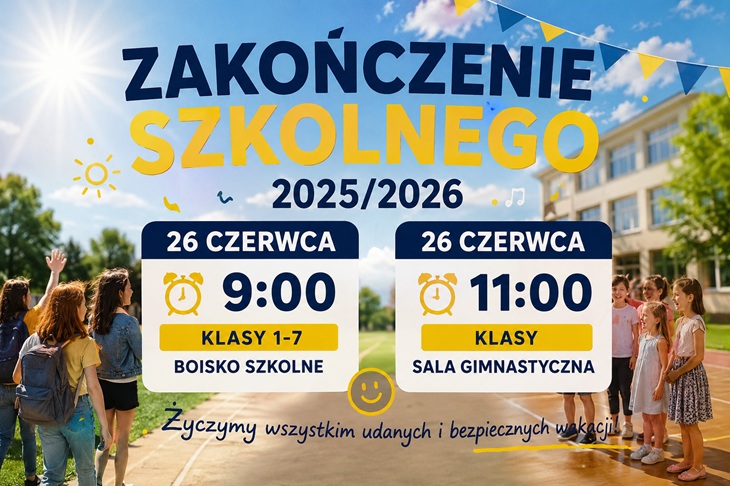 W centralnej części znajduje się duży, wyraźny napis „Zakończenie Szkolnego 2025/2026” w granatowo-żółtej kolorystyce. Tło ukazuje słoneczny dzień przed budynkiem szkoły – błękitne niebo, promienie słońca oraz uczniów w pogodnych nastrojach, co podkreśla wakacyjną atmosferę.  Na plakacie umieszczono dwa główne bloki informacyjne:  26 czerwca, godz. 9:00 Klasy 1–7 Boisko szkolne 26 czerwca, godz. 11:00 Klasy 8 Sala gimnastyczna  Dodatkową dekorację stanowią kolorowe chorągiewki, symbole słońca, nutki muzyczne oraz uśmiechnięta buźka. Na dole znajduje się życzenie:  „Życzymy wszystkim udanych i bezpiecznych wakacji!”
