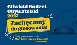 To poziomy, niewielki baner promujący Gliwicki Budżet Obywatelski 2022. Kolorystyka: dominują odcienie granatowego i niebieskiego, z białymi oraz żółtymi akcentami. Lewa część: znajduje się napis „Gliwicki Budżet Obywatelski 2022” w białej, wyraźnej typografii. Tło: przedstawia stylizowaną panoramę Gliwic – widoczne są charakterystyczne elementy miejskiej architektury, m.in. wieża radiostacji oraz zabudowa miasta. Prawa część: umieszczono herb/logo Gliwic oraz dodatkowe ilustracyjne elementy związane z miastem. Charakter: baner ma oficjalny, miejski charakter i jest utrzymany w nowoczesnej, prostej stylistyce informacyjno-promocyjnej.