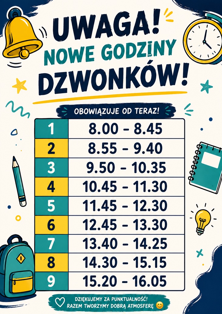 Plakat przedstawia informację o nowych godzinach dzwonków szkolnych. Ma kolorową, przyjazną dla uczniów grafikę w stylu szkolnym. Główne elementy plakatu: Na górze znajduje się duży, wyrazisty napis: „UWAGA! NOWE GODZINY DZWONKÓW!” Poniżej umieszczono hasło: „OBOWIĄZUJE OD TERAZ!” Centralną część zajmuje tabela z 9 lekcjami oraz godzinami ich rozpoczęcia i zakończenia: 8.00–8.45 8.55–9.40 9.50–10.35 10.45–11.30 11.45–12.30 12.45–13.30 13.40–14.25 14.30–15.15 15.20–16.05 Wokół tabeli znajdują się ilustracje związane ze szkołą i czasem: dzwonek, zegar, ołówek, zeszyt, plecak oraz żarówka. Na dole widnieje zachęta: „DZIĘKUJEMY ZA PUNKTUALNOŚĆ! RAZEM TWORZYMY DOBRĄ ATMOSFERĘ ”