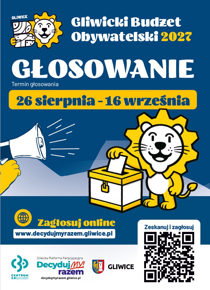To poziomy, niewielki baner promujący Gliwicki Budżet Obywatelski 2022.  Kolorystyka: dominują odcienie granatowego i niebieskiego, z białymi oraz żółtymi akcentami. Lewa część: znajduje się napis „Gliwicki Budżet Obywatelski 2022” w białej, wyraźnej typografii. Tło: przedstawia stylizowaną panoramę Gliwic – widoczne są charakterystyczne elementy miejskiej architektury, m.in. wieża radiostacji oraz zabudowa miasta. Prawa część: umieszczono herb/logo Gliwic oraz dodatkowe ilustracyjne elementy związane z miastem. Charakter: baner ma oficjalny, miejski charakter i jest utrzymany w nowoczesnej, prostej stylistyce informacyjno-promocyjnej.