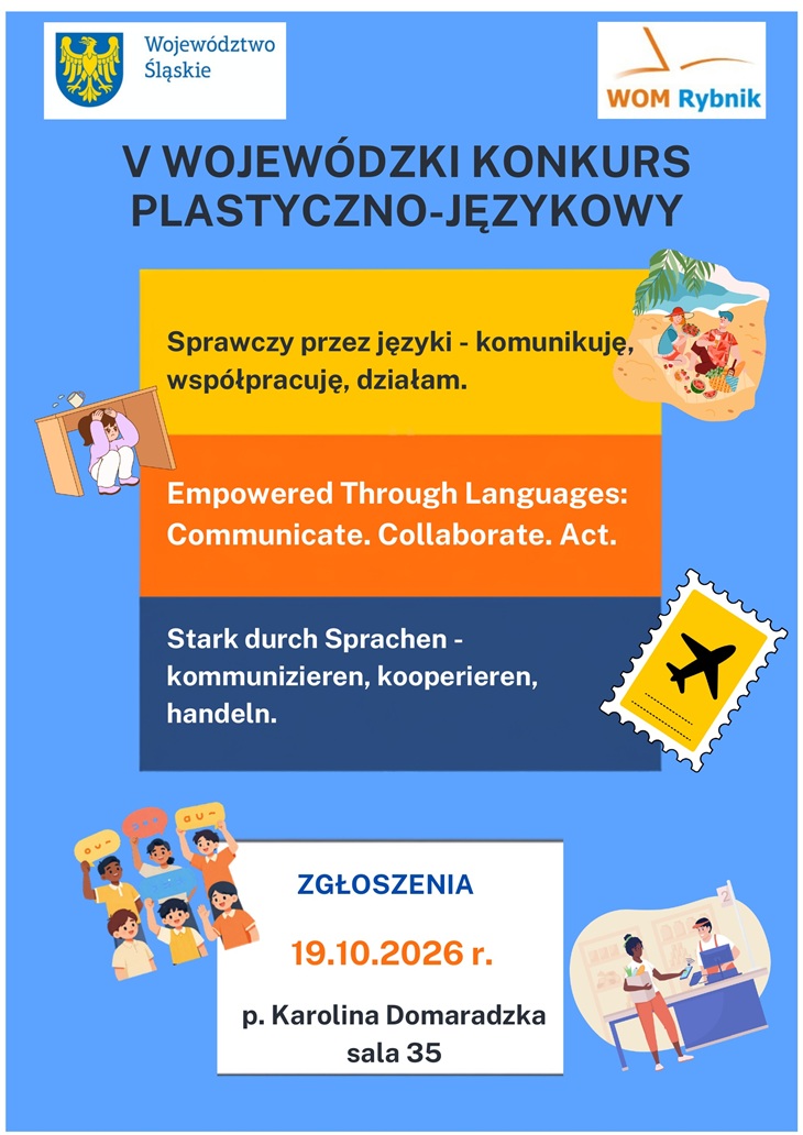 Plakat jest kolorową i nowoczesną zapowiedzią V Wojewódzkiego Konkursu Plastyczno-Językowego. Tło: jasnoniebieskie, dzięki czemu pozostałe elementy są dobrze widoczne. Nagłówek: u góry dużymi, ciemnymi literami znajduje się napis „V WOJEWÓDZKI KONKURS PLASTYCZNO-JĘZYKOWY”. Hasło konkursu: w centralnej części umieszczono trzy kolorowe prostokąty z hasłem w trzech językach: polskim: „Sprawczy przez języki – komunikuję, współpracuję, działam.” angielskim: „Empowered Through Languages: Communicate. Collaborate. Act.” niemieckim: „Stark durch Sprachen – kommunizieren, kooperieren, handeln.” Ilustracje: wokół napisów znajdują się grafiki przedstawiające m.in. osoby komunikujące się, podróżowanie, naukę i współpracę. Znaczek z samolotem nawiązuje do podróży i poznawania innych języków oraz kultur. Logotypy: w górnych rogach widoczne są logotypy Województwa Śląskiego i WOM Rybnik. Informacje organizacyjne: na dole znajduje się białe pole z napisem „ZGŁOSZENIA”, datą 19.10.2026 r. oraz informacją: p. Karolina Domaradzka, sala 35. Całość ma dynamiczny, edukacyjny i zachęcający charakter, a zastosowanie trzech języków podkreśla międzynarodowy i językowy charakter konkursu.